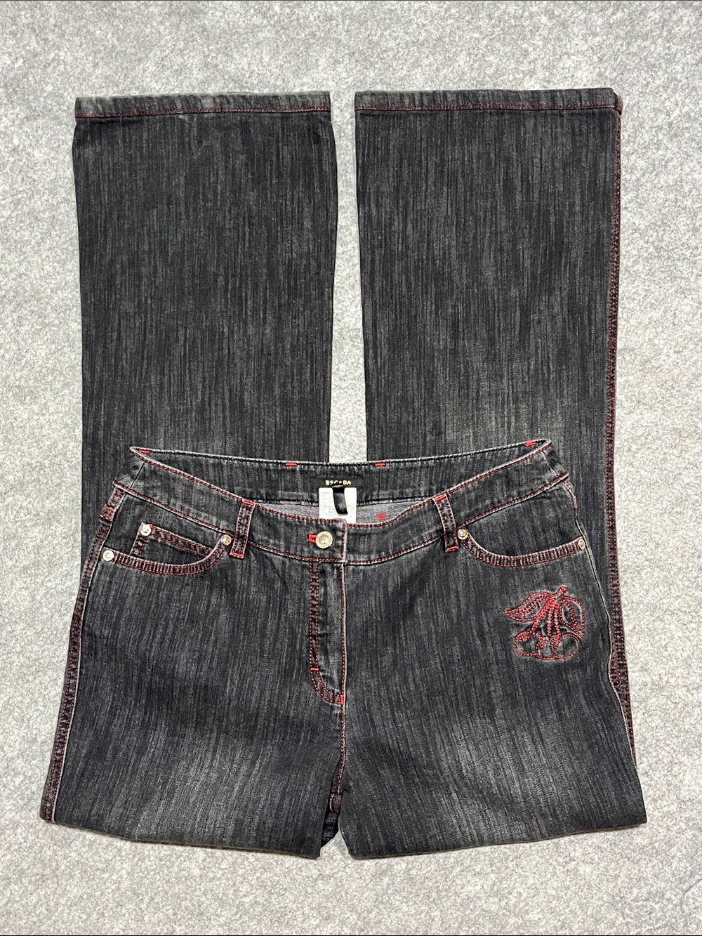 Escada Black Denim Boot Cut Jeans with Red Cherry Stitching